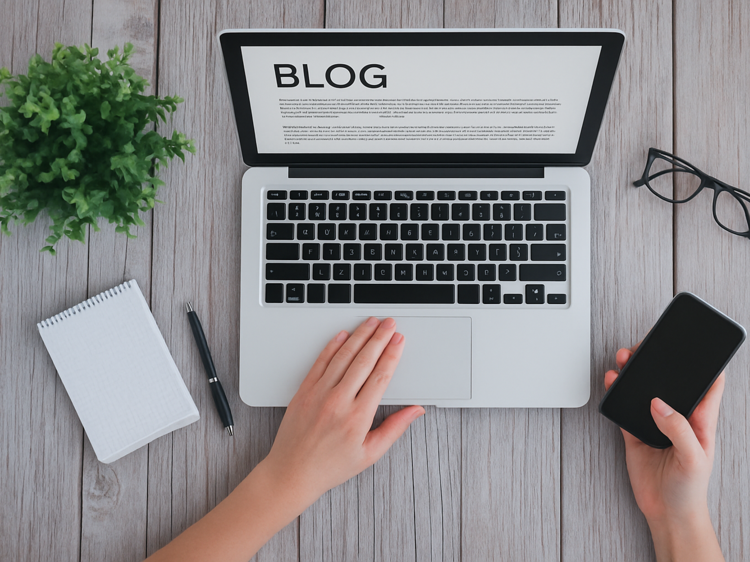 A blog is essential for small businesses - overhead image of a laptop with a blog on the screen, women's hands with the right one holding a mobile phone, a notepad and pen, a small green plant, and a pair of glasses.