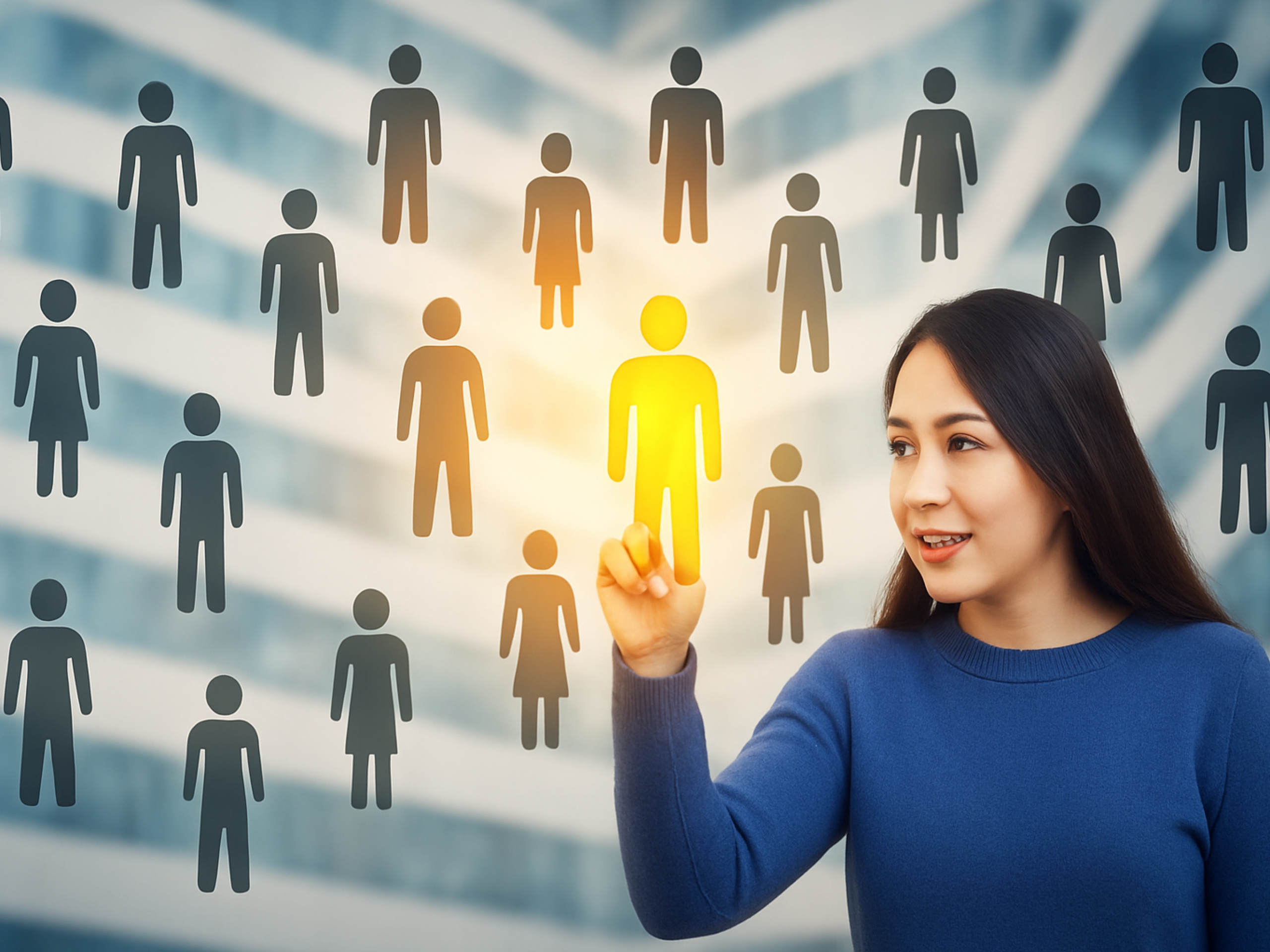 Ideal clients: what are they? Image shows icons of lots of people across the screen with a real woman pointing to one which is glowing yellow.