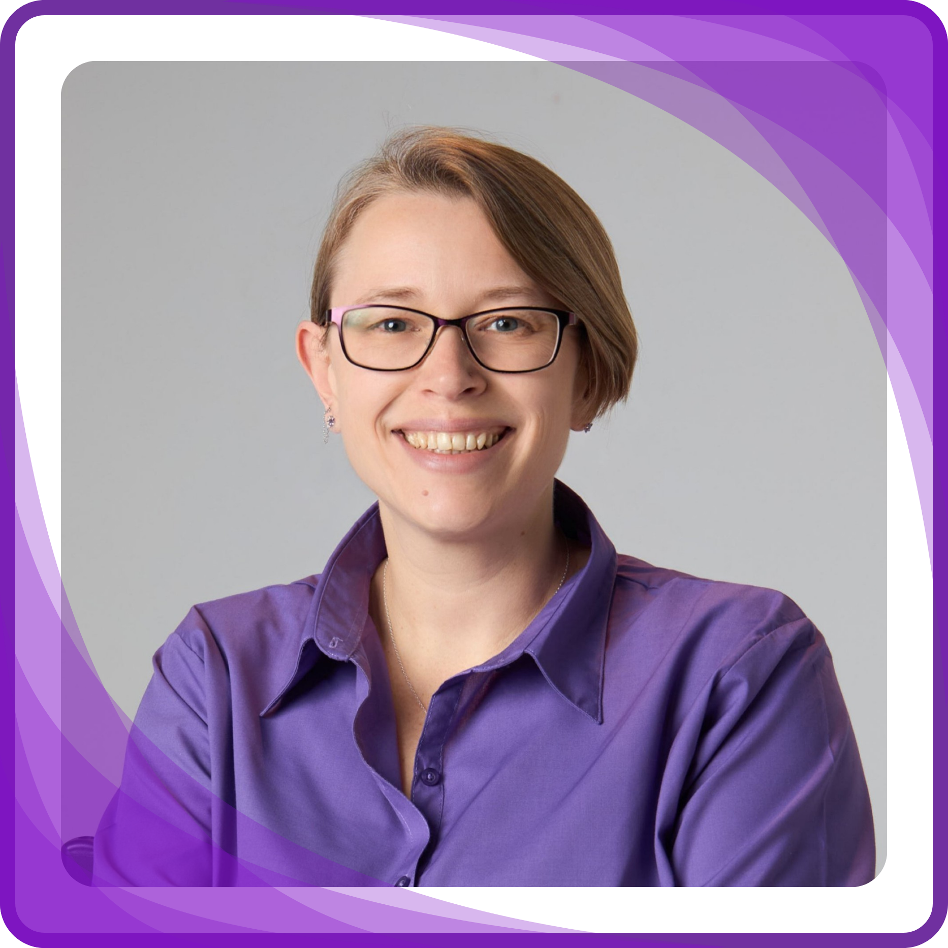 Rae About Photo 3 Rae Dillon, GEO copywriter, purple frame